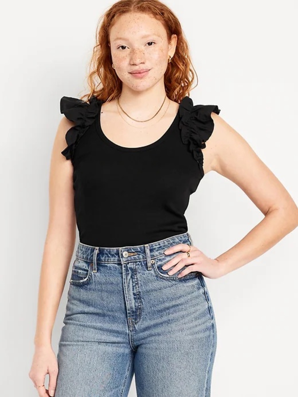 NWT Old Navy Ribbed Knit Black Ruffle Sleeve Knit Tank Top - large Tall
